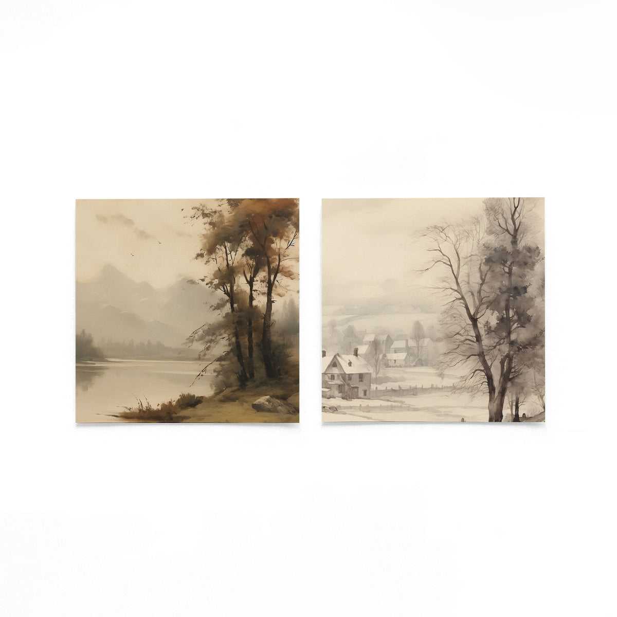 Twee vierkante posters met winterlandschap met bomen op een gebroken witte achtergrond