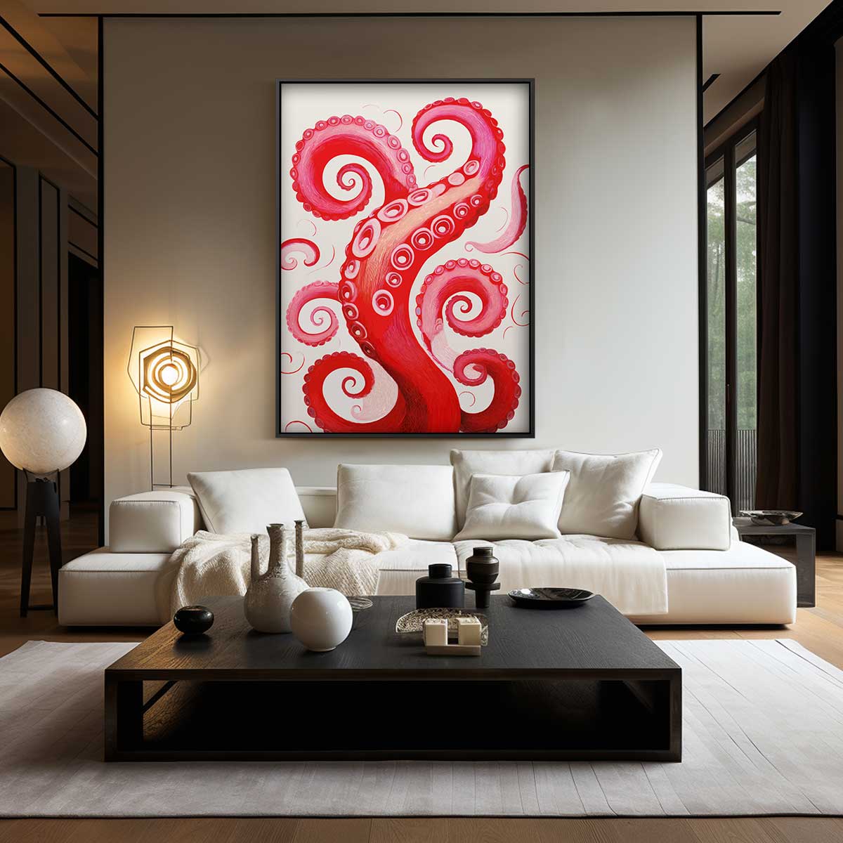 Rode Octopus Tentakel Illusie – kunstwerk met zwarte baklijst