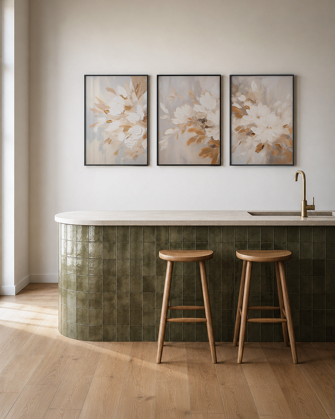 Zachte kleurvlakken – deze posterset in drie delen toont vloeiende penseelstreken in warme beige en – weergave 2