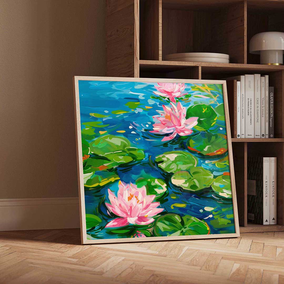 Waterlelies en bladeren – geïllustreerde wandkunst als vierkante poster