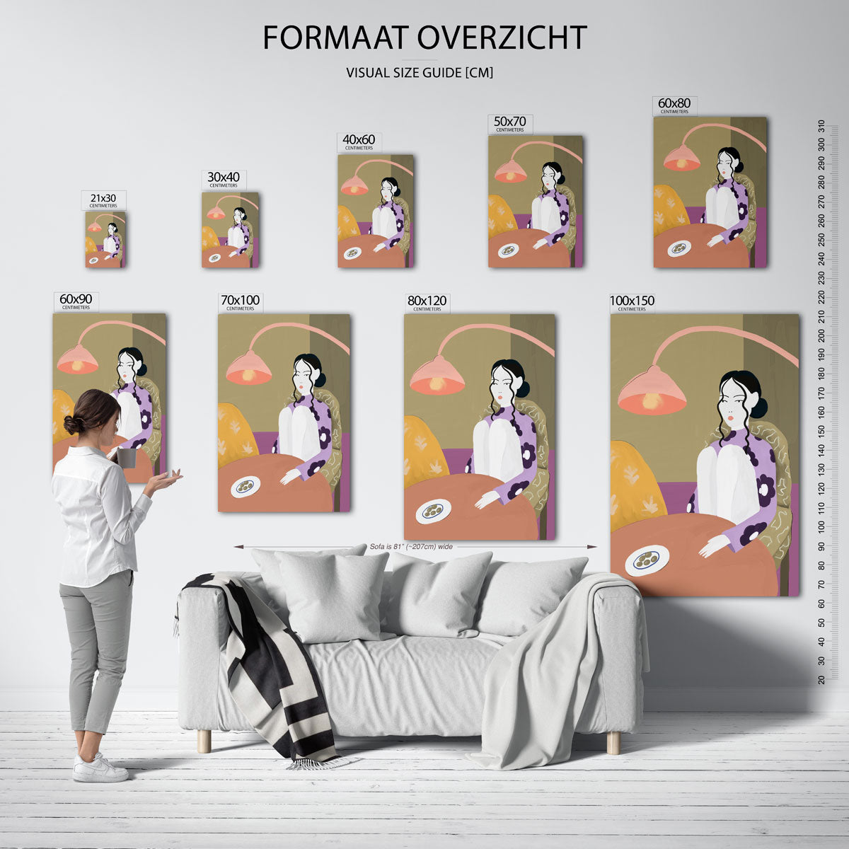 Vrouw met lamp – staande muurposter met hedendaagse illustratie