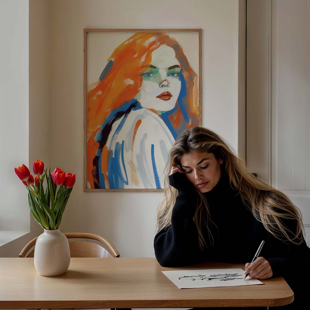 Expressieve kunstposter met kleurrijk portret – staande vrouwelijke wanddecoratie van WallArtistic