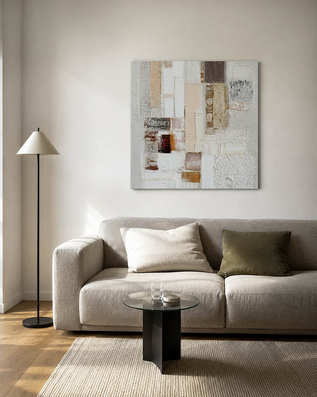 Geometrische texturen kunstwerk – vierkante wanddecoratie – dit werk toont een compositie van rechthoekige vormen in zachte