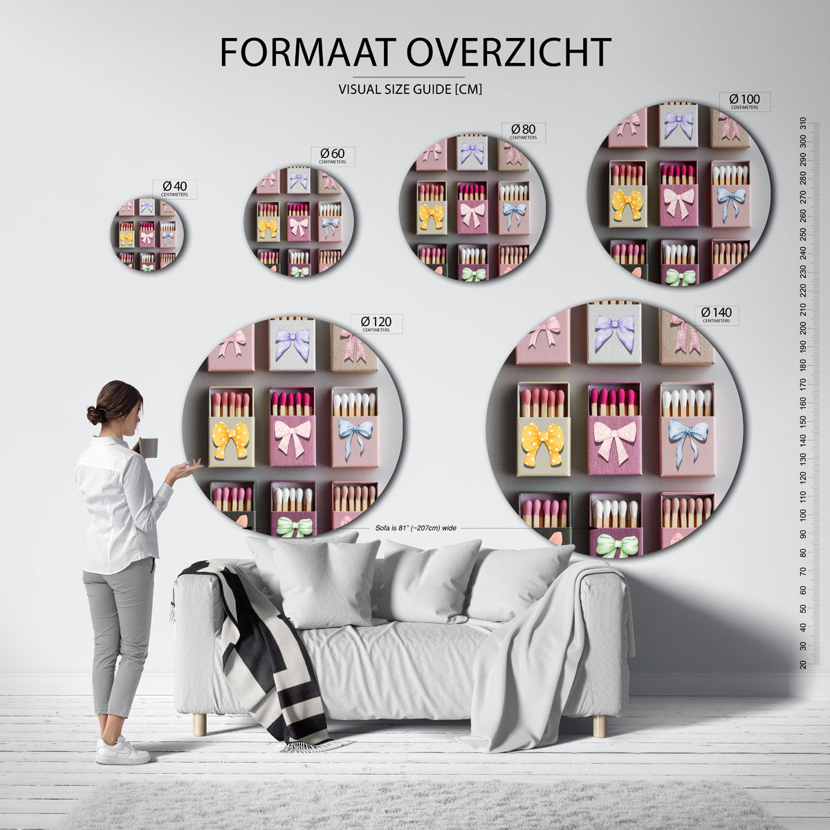 Strikjes en luciferdoosjes – kleurrijke ronde muurdecoratie in Pop Art stijl