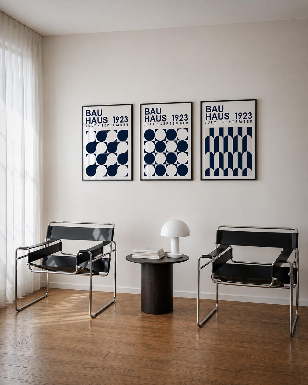 Vorm en ritme driedelige posterset – deze posterset in drie delen toont een speelse wisselwerking van halve cirkels en