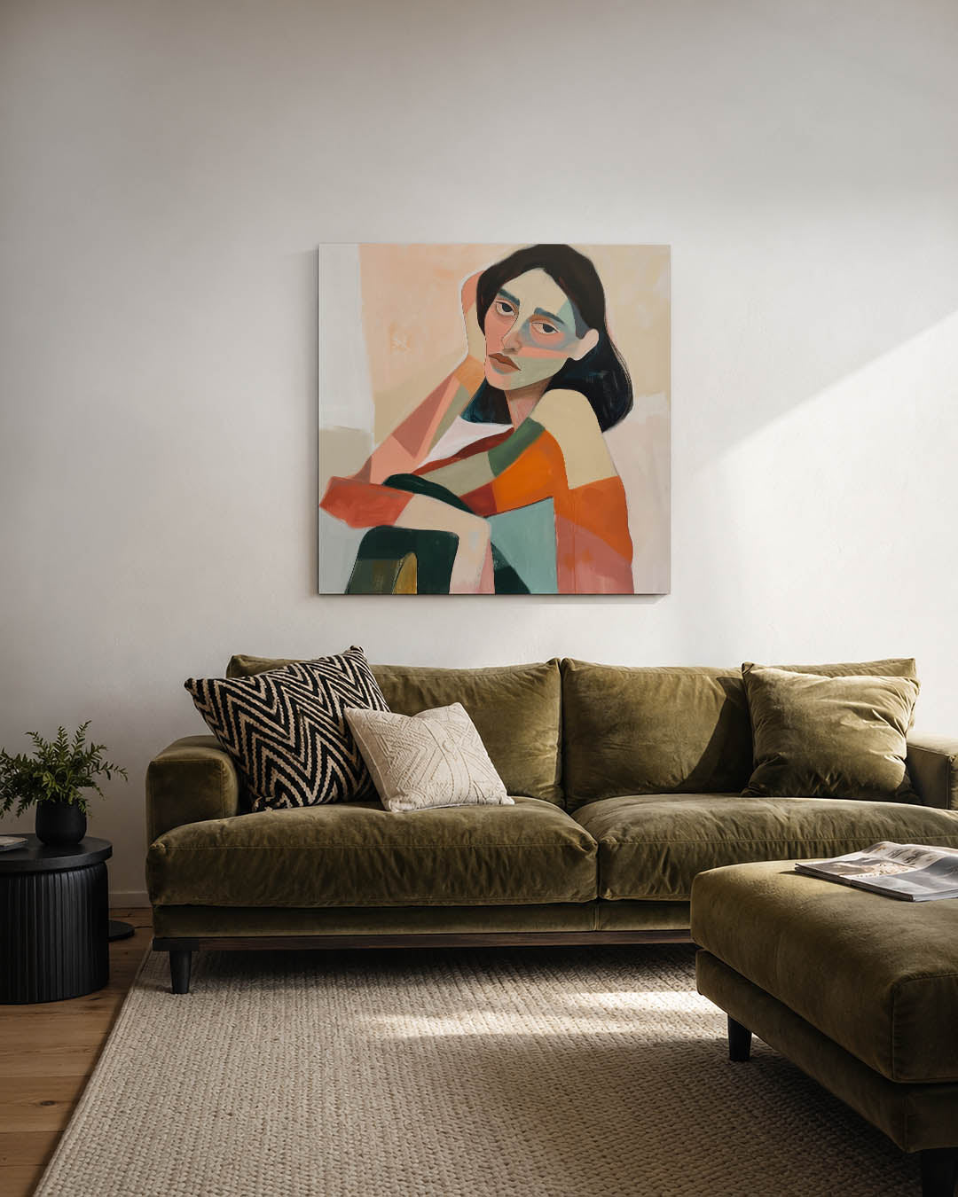 Vrouwelijk portret kleuren kunstwerk – derde productweergave – dit kunstwerk toont een vrouwelijk portret met vloeiende