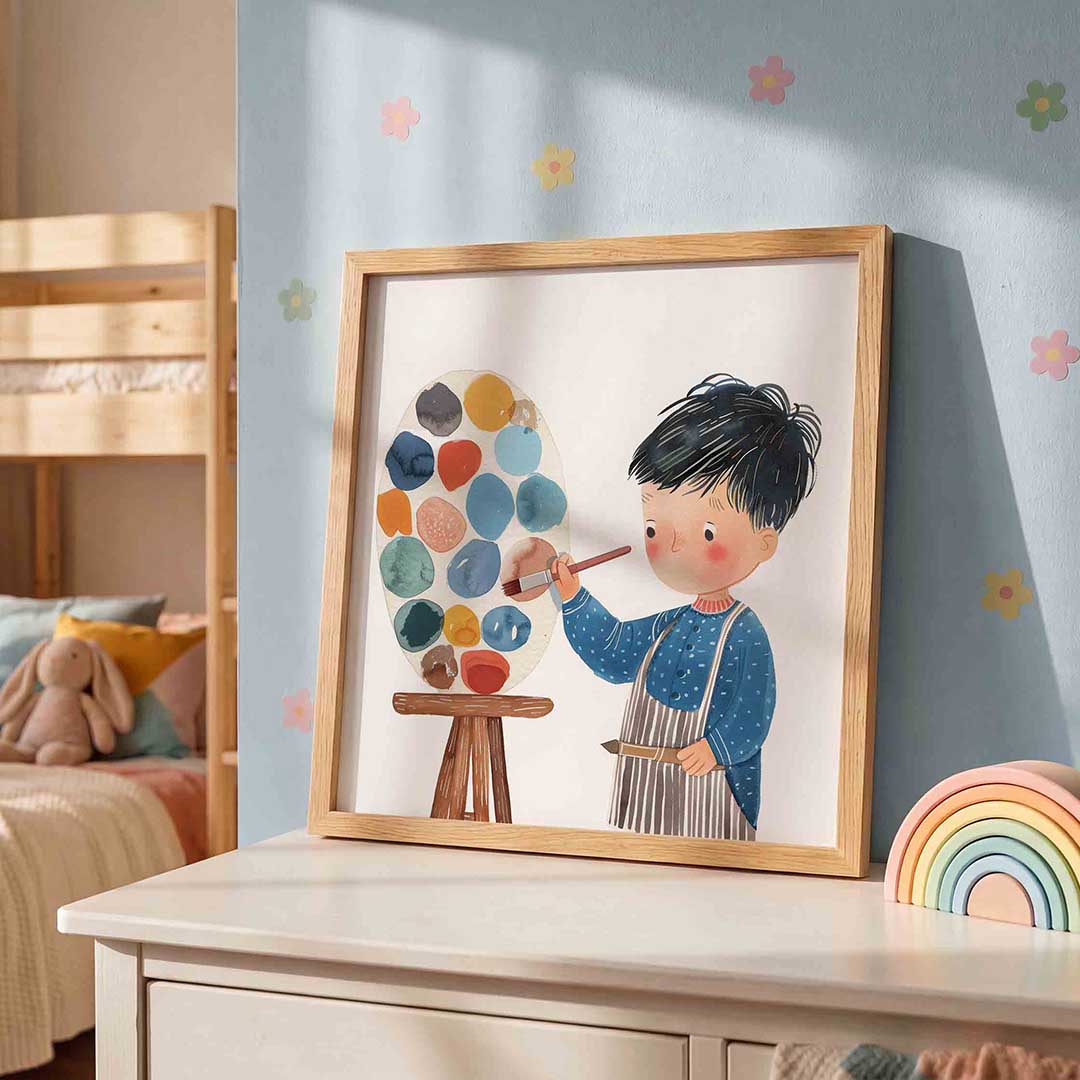 Kind met schilderspalet – speelse wandkunst als vierkante kinderposter