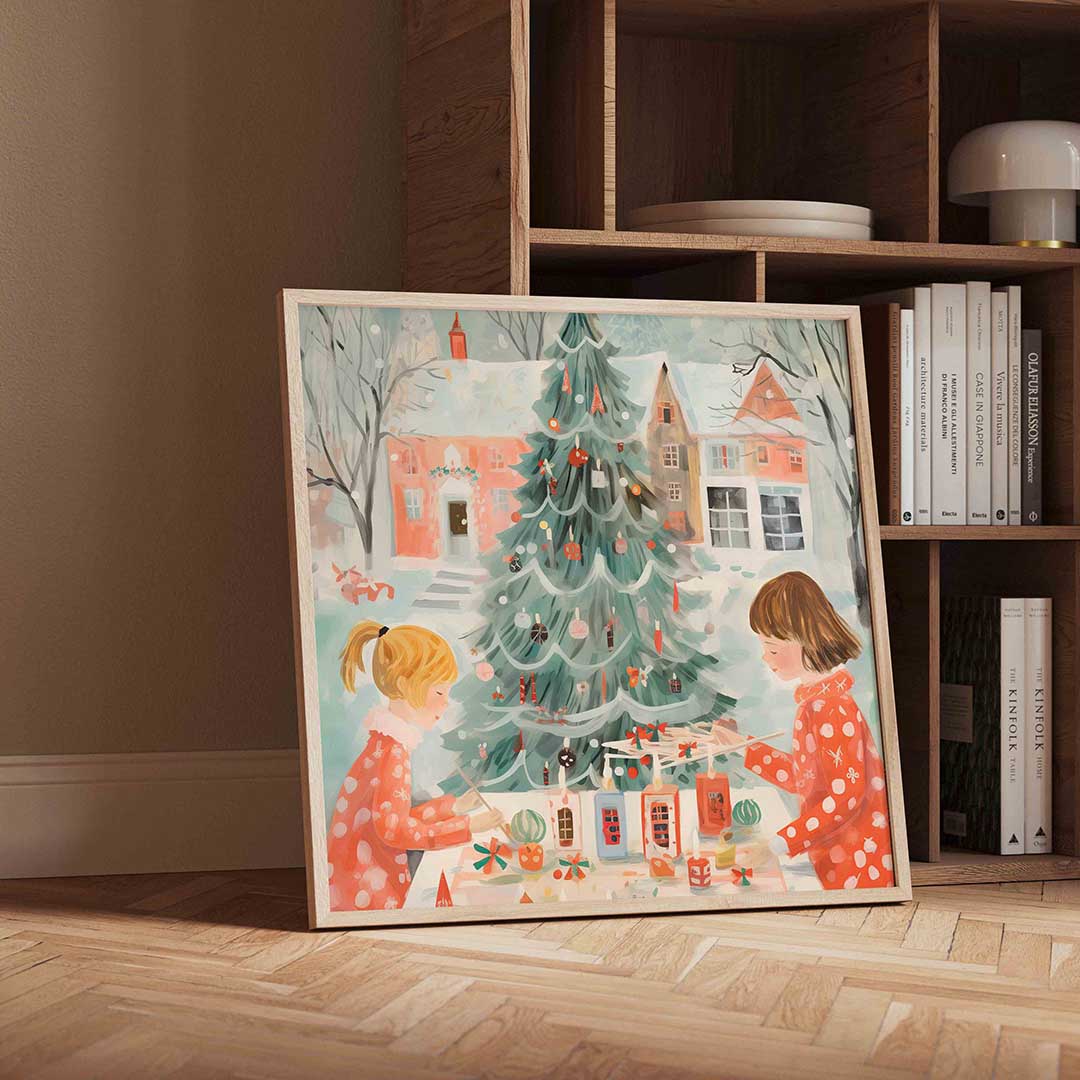 Kerstboom en kinderen – vierkante kerst wanddecoratie van WallArtistic