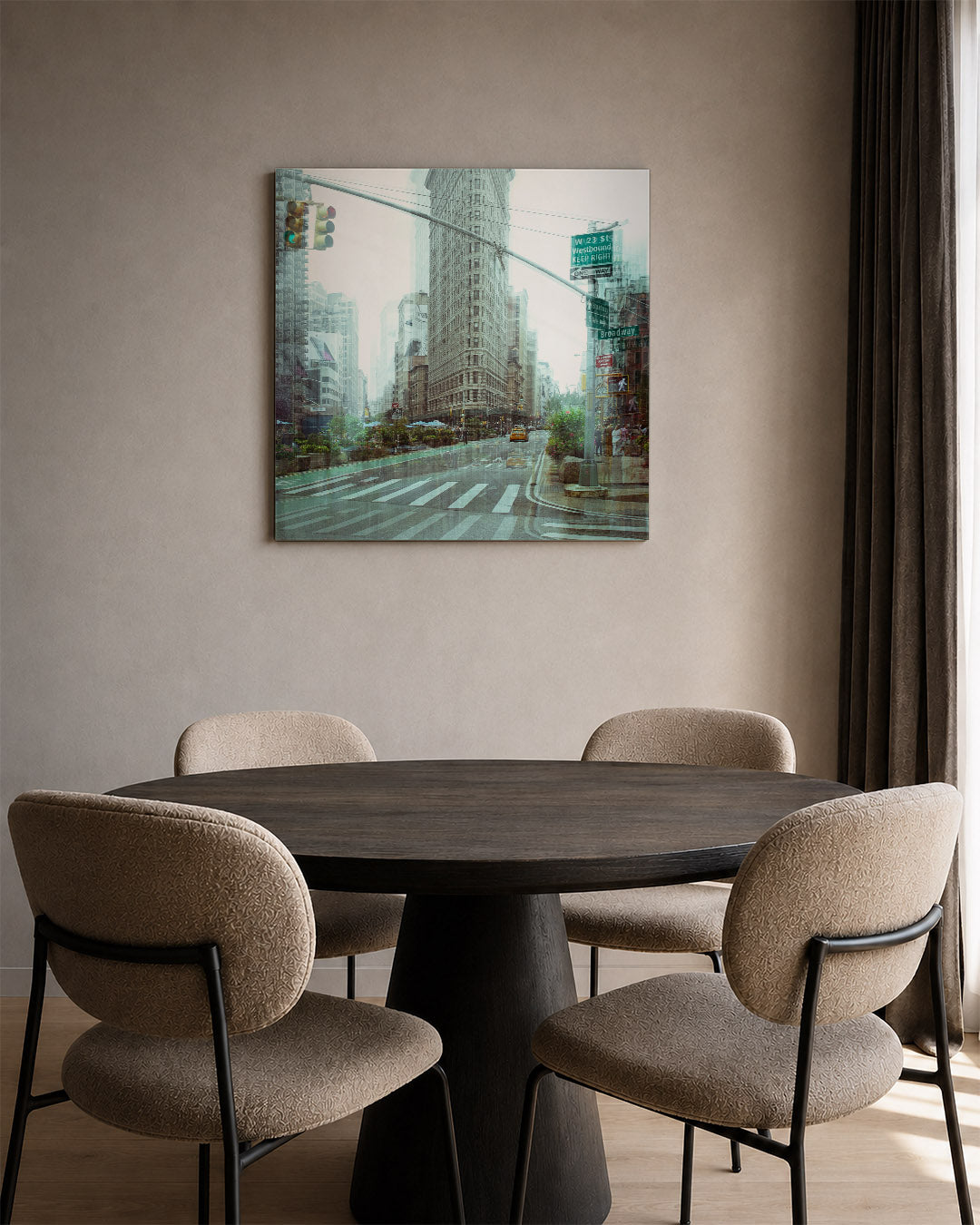Stedelijke droom kunstwerk – tweede productweergave – deze kunstwerk toont een drukke stadsscène met een gebouw en