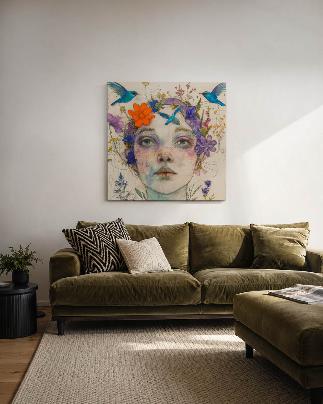 Dromerige bloemenportret kunstwerk – derde productweergave – dit kunstwerk toont een vrouwelijk gezicht omringd door