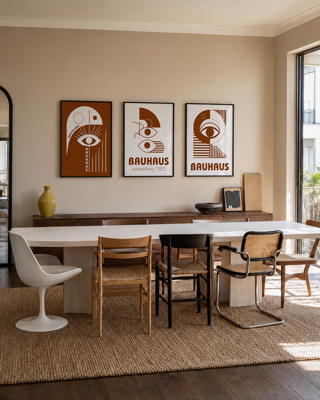 Oog en lijnen posterset – tweede productweergave – deze posterset in drie delen toont een wit oog met stralen op een bruine