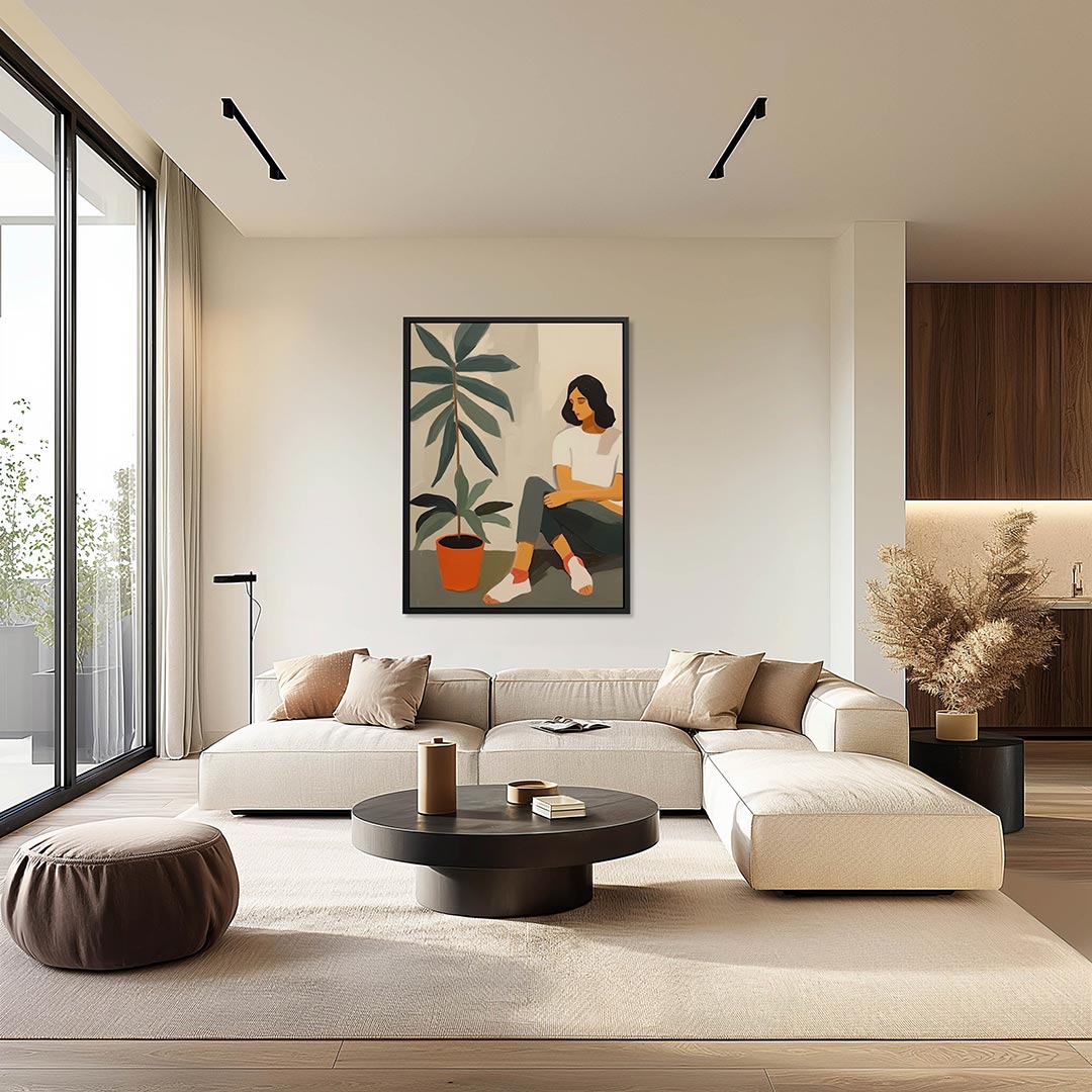 Vrouw met plant – moderne staande wandkunst
