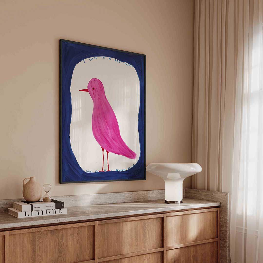 Roze vogel – urban poster in staand formaat