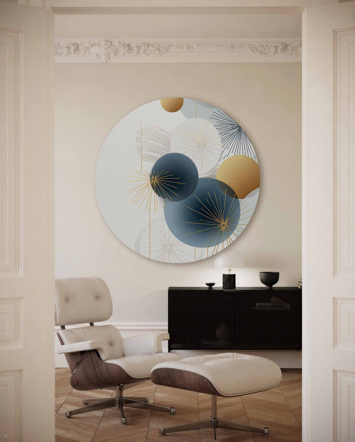 Gouden en blauwe cirkels – portret muurcirkel als ronde muurdecoratie