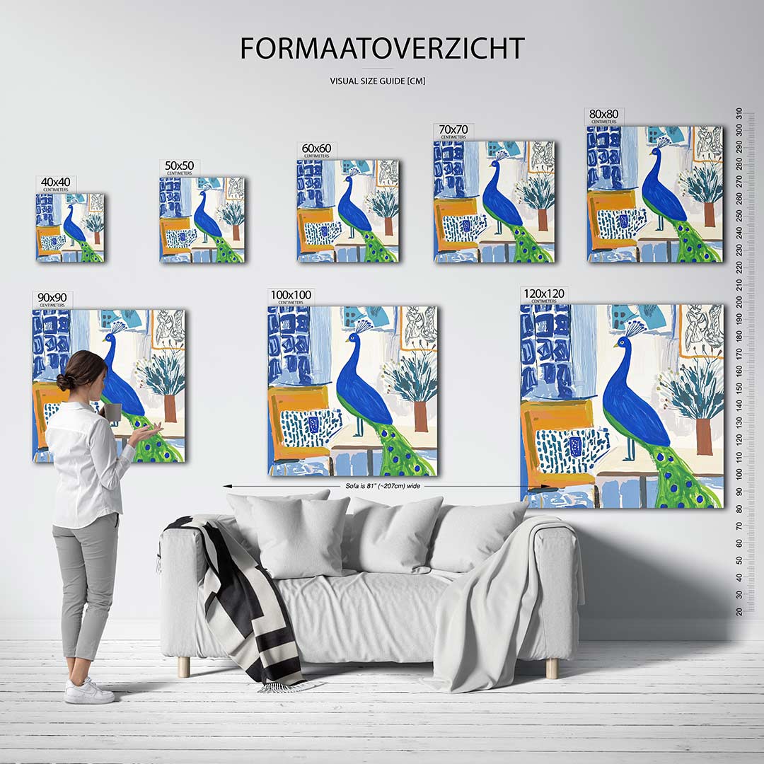 Vrolijke pauw kunstwerk – dit kunstwerk toont een kleurrijke pauw in een levendige omgeving, met dynamische lijnen en een