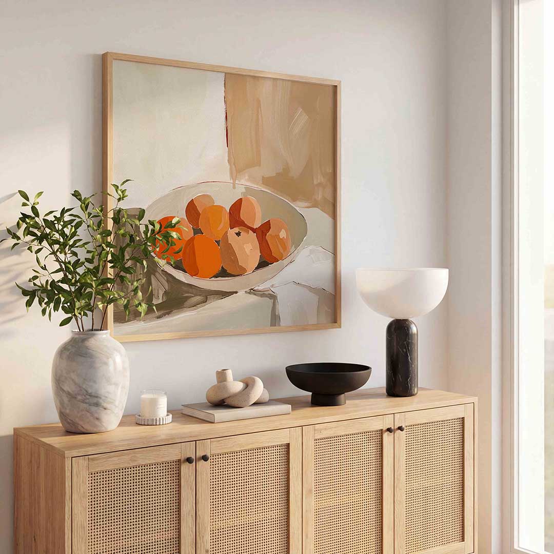 Schaal met sinaasappels – kunst en design poster in vierkant formaat