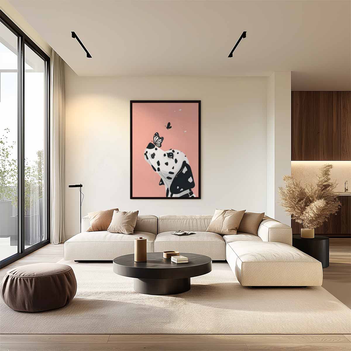 Dalmatier en Vlinder op Zachtroze – staand kunstwerk voor modern interieur