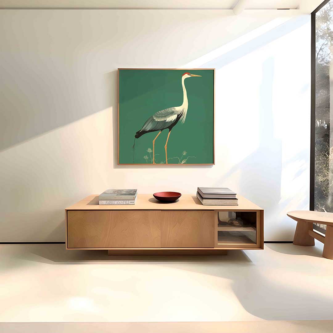 Kraanvogel op groene achtergrond – vierkante dieren wanddecoratie van WallArtistic