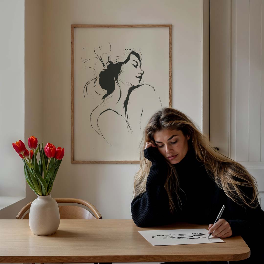 Elegante Vrouwelijke Schets – staande vrouwelijke wanddecoratie van WallArtistic