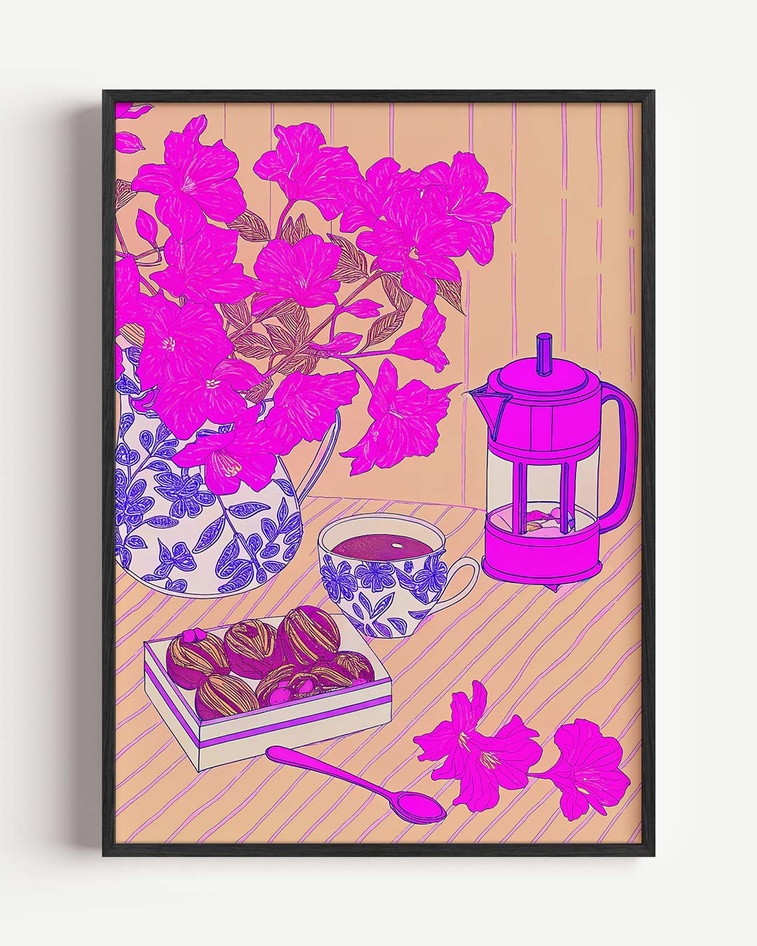 Roze Bloemen en Koffie Moment – keuken portret poster als wanddecoratie