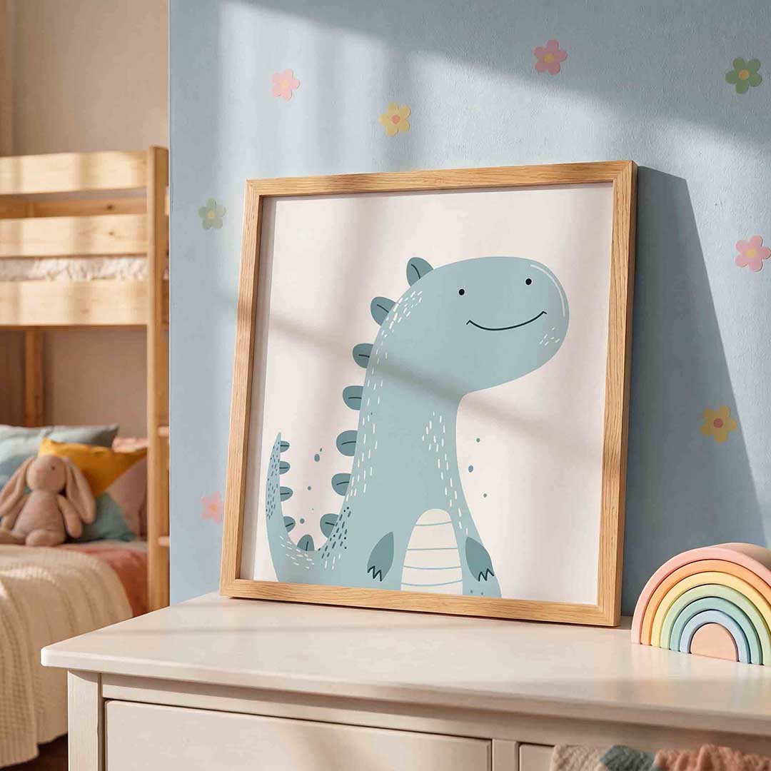 Blauwe dinosaurus – speelse wandkunst als vierkante kinderposter