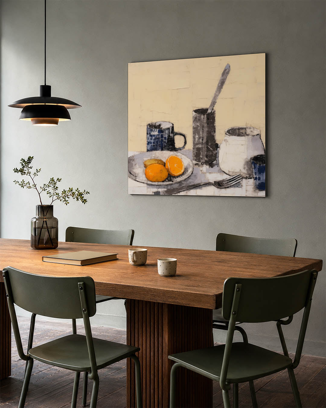 Stilleven met fruit kunstwerk – tweede productweergave – dit werk toont een tafel met servies en fruit. De compositie is