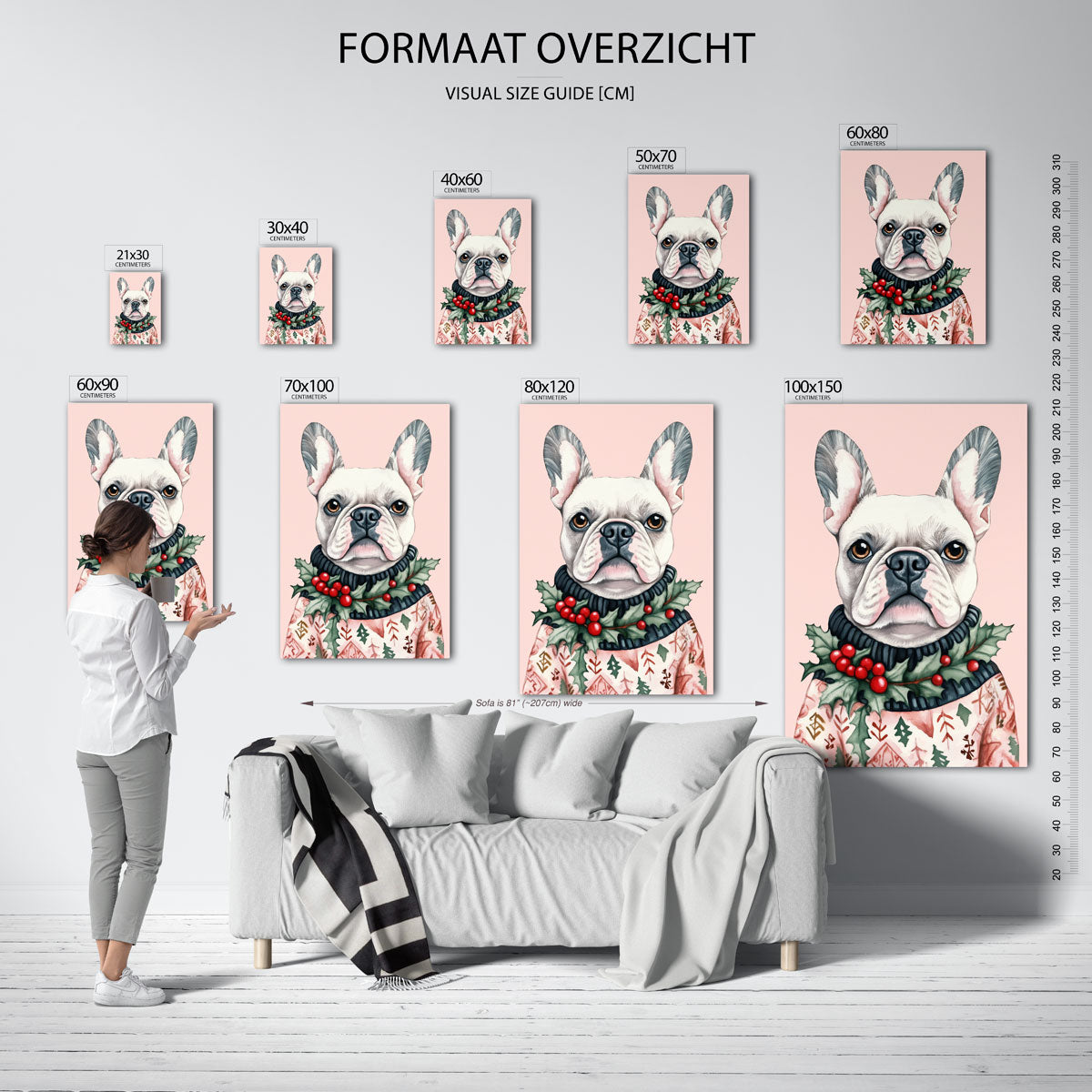 Franse bulldog met kersttrui – staande muurposter voor de kinderkamer