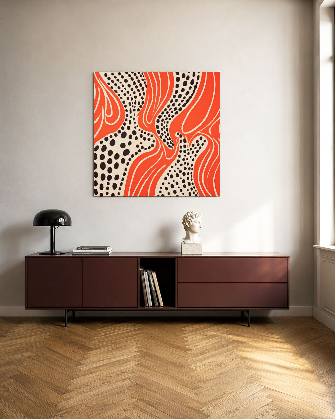 Golvende patronen kunstwerk – tweede productweergave – dit kunstwerk toont vloeiende lijnen en stippen in een dynamische