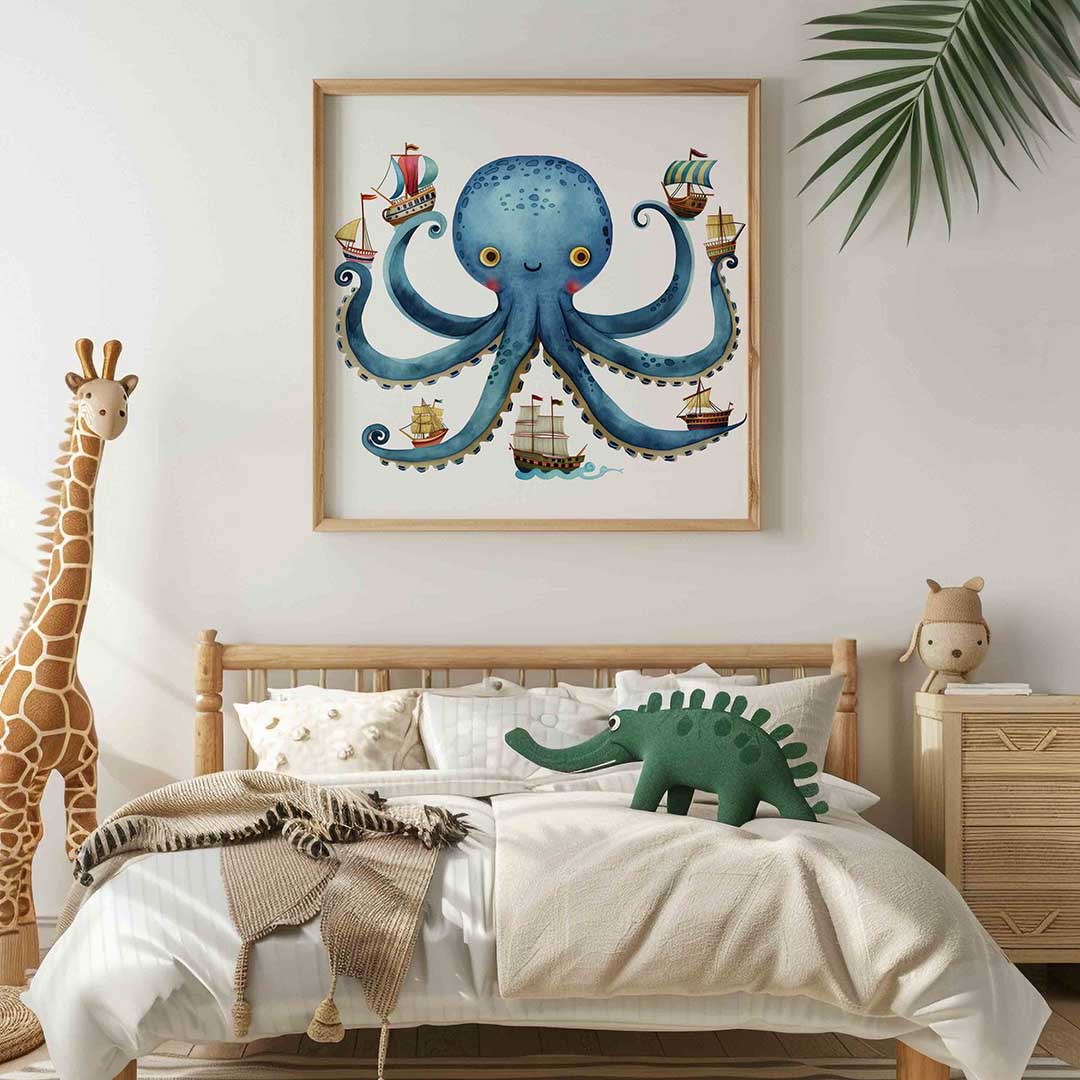 Blauwe octopus met schepen – vierkante kinderkamer wanddecoratie van WallArtistic