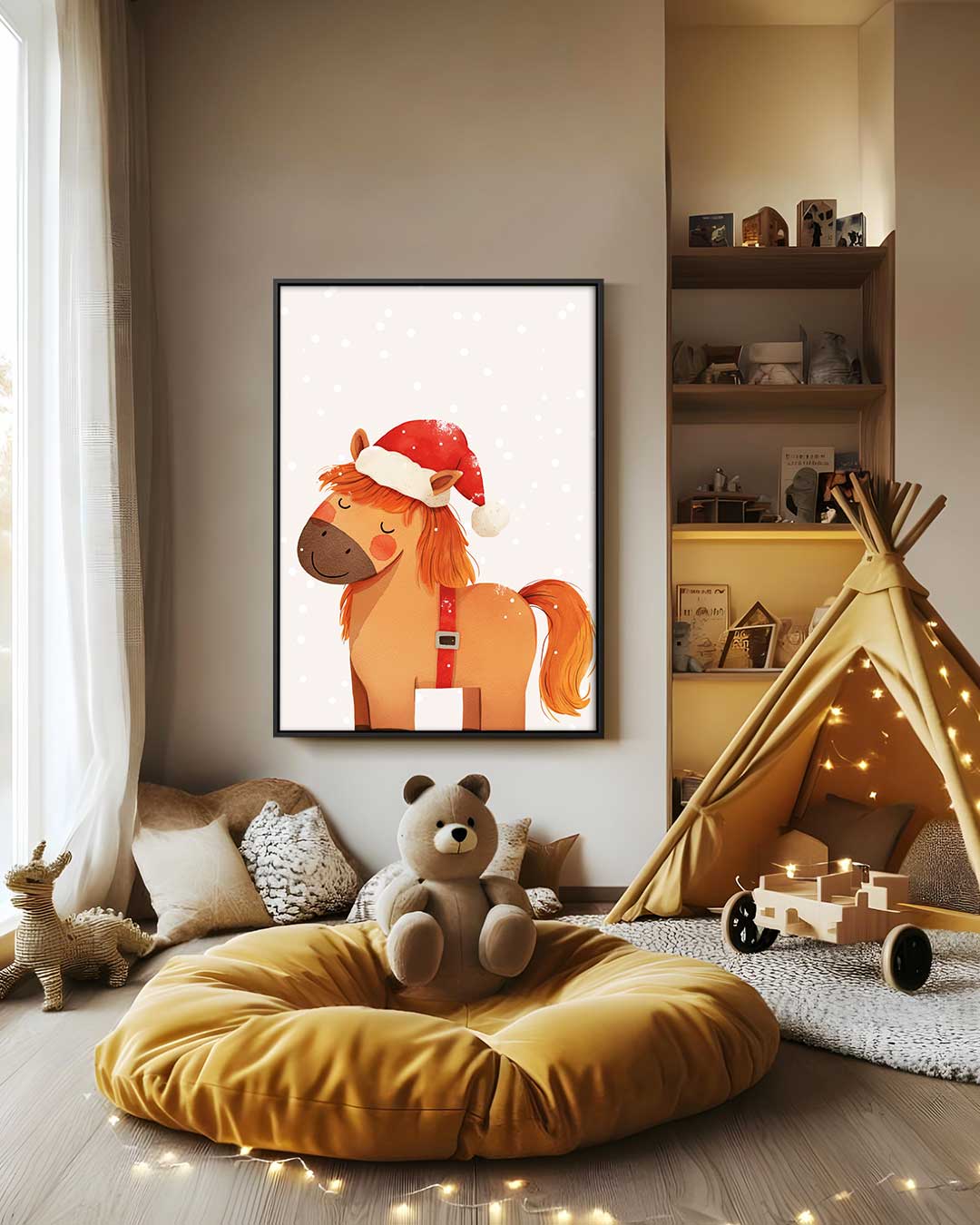 Schattig Kerstpony Illustratie – staand kunstwerk voor modern interieur