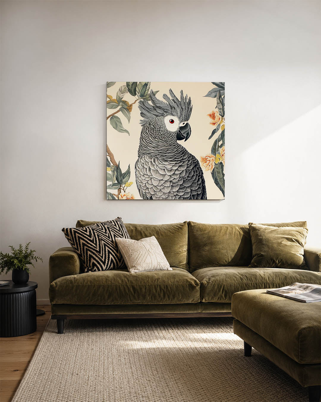 Exotische vogel illustratie kunstwerk – sfeerbeeld – dit werk toont een gedetailleerde vogel met grijze veren en een
