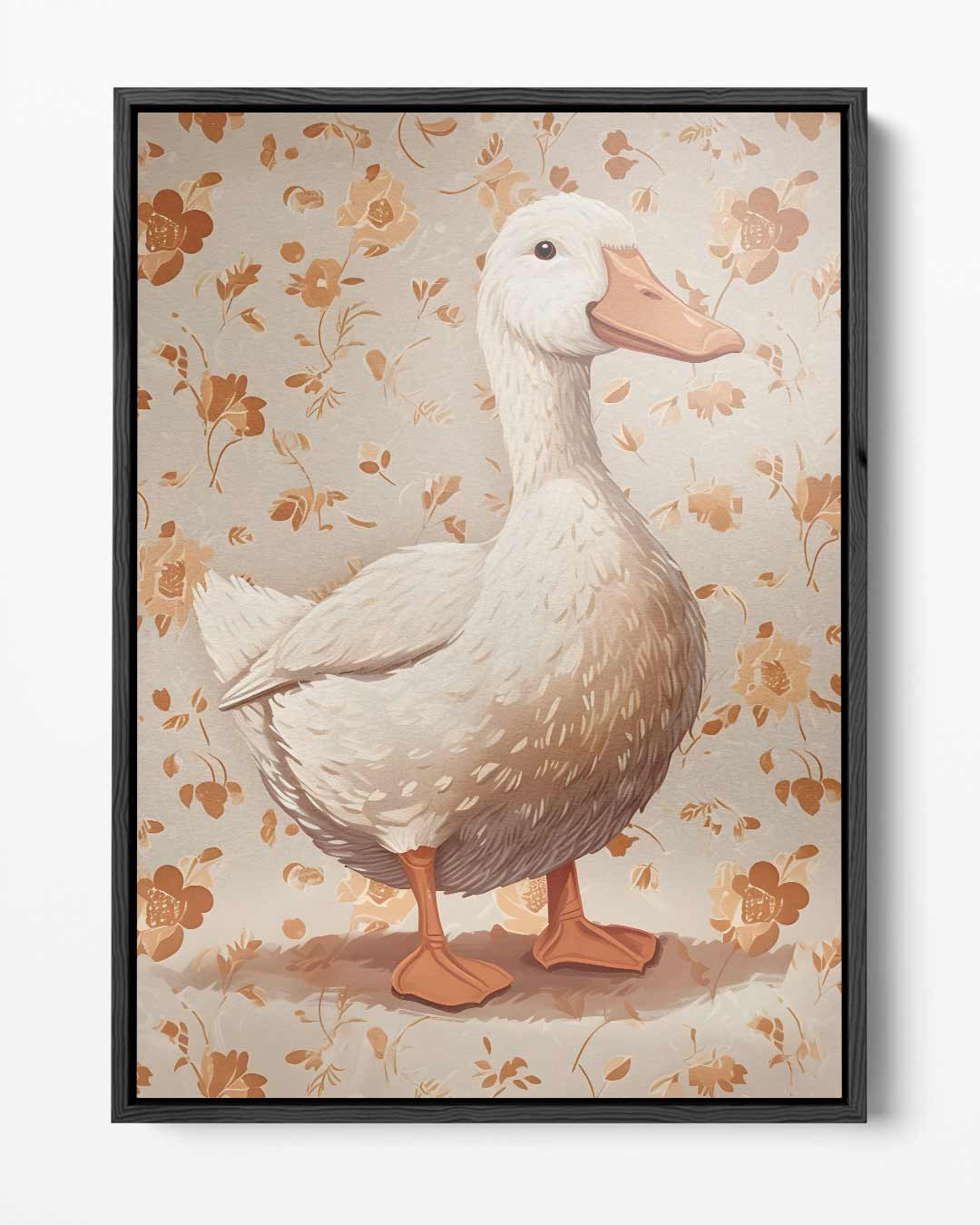 Vrolijke Eend Op Bloemenachtergrond – portret kunstwerk als wanddecoratie