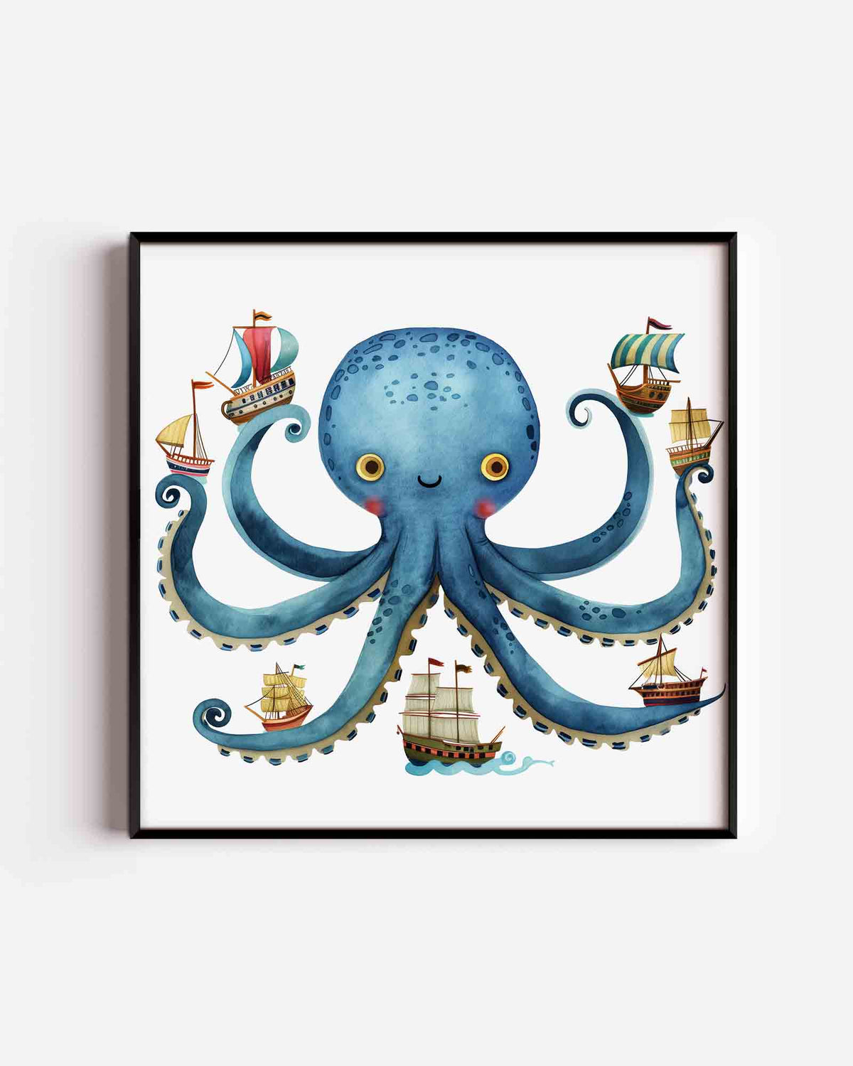 Blauwe octopus met schepen – vierkante kinderposter als wanddecoratie