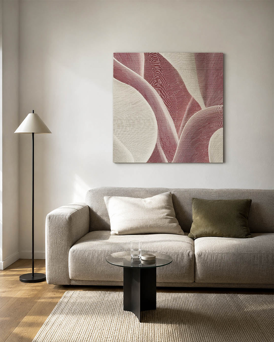 Golvende lijnen compositie kunstwerk – vierkante wanddecoratie – dit werk toont een dynamisch spel van golvende lijnen in