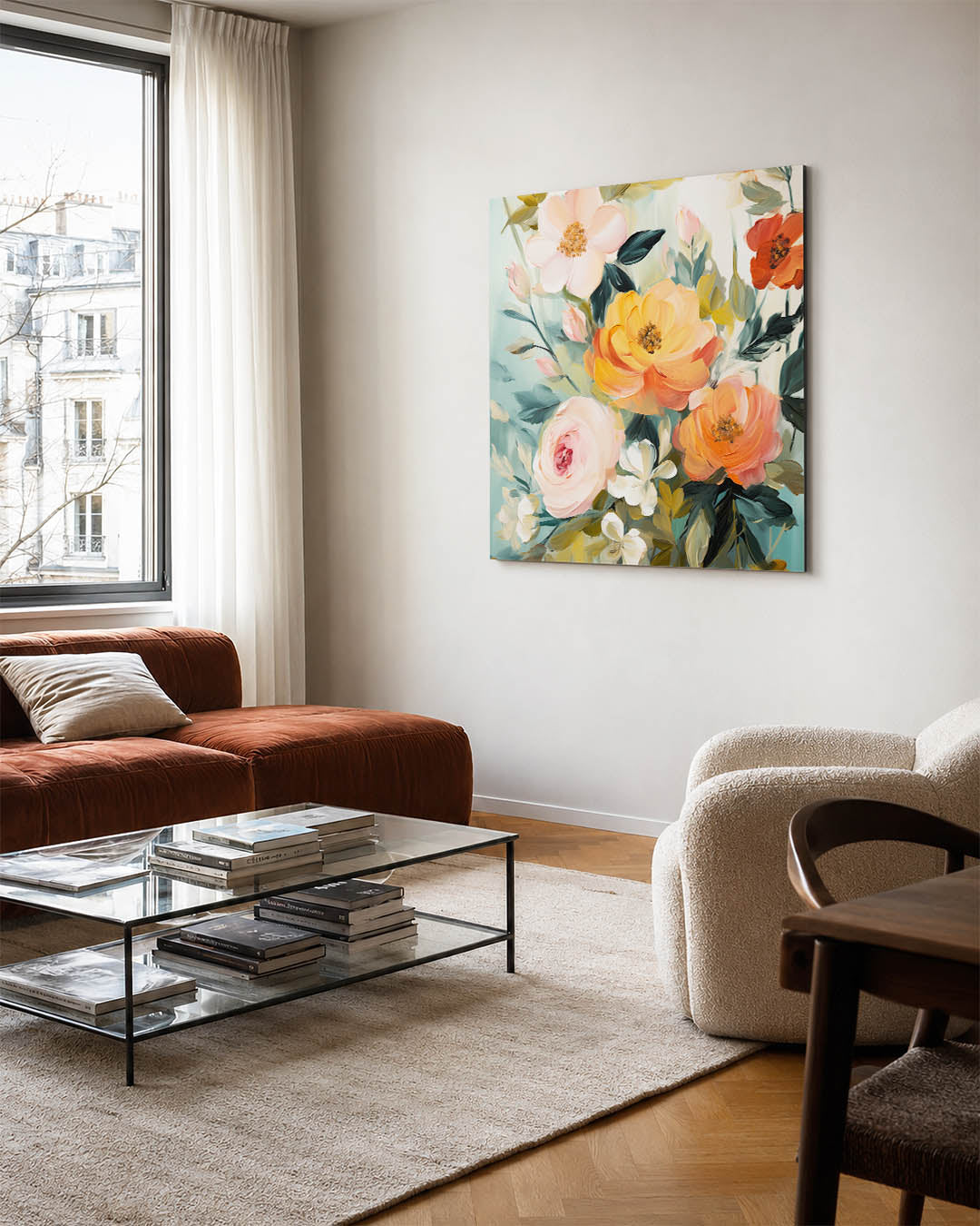 Bloemrijke compositie kunstwerk – vierkante wanddecoratie – dit kunstwerk toont een levendige verzameling bloemen in zachte