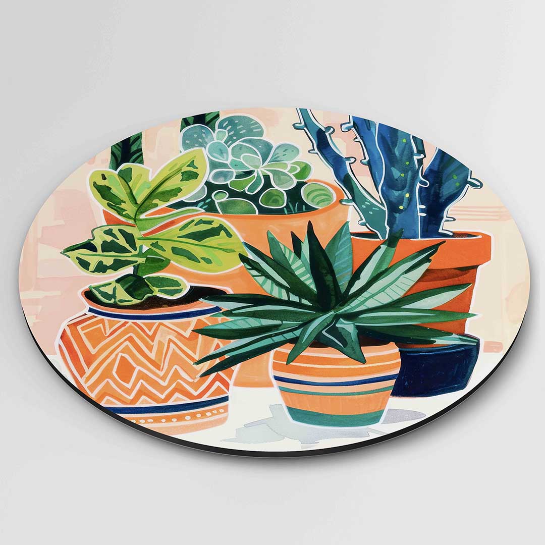 Planten in potten – kleurrijke ronde wanddecoratie van WallArtistic
