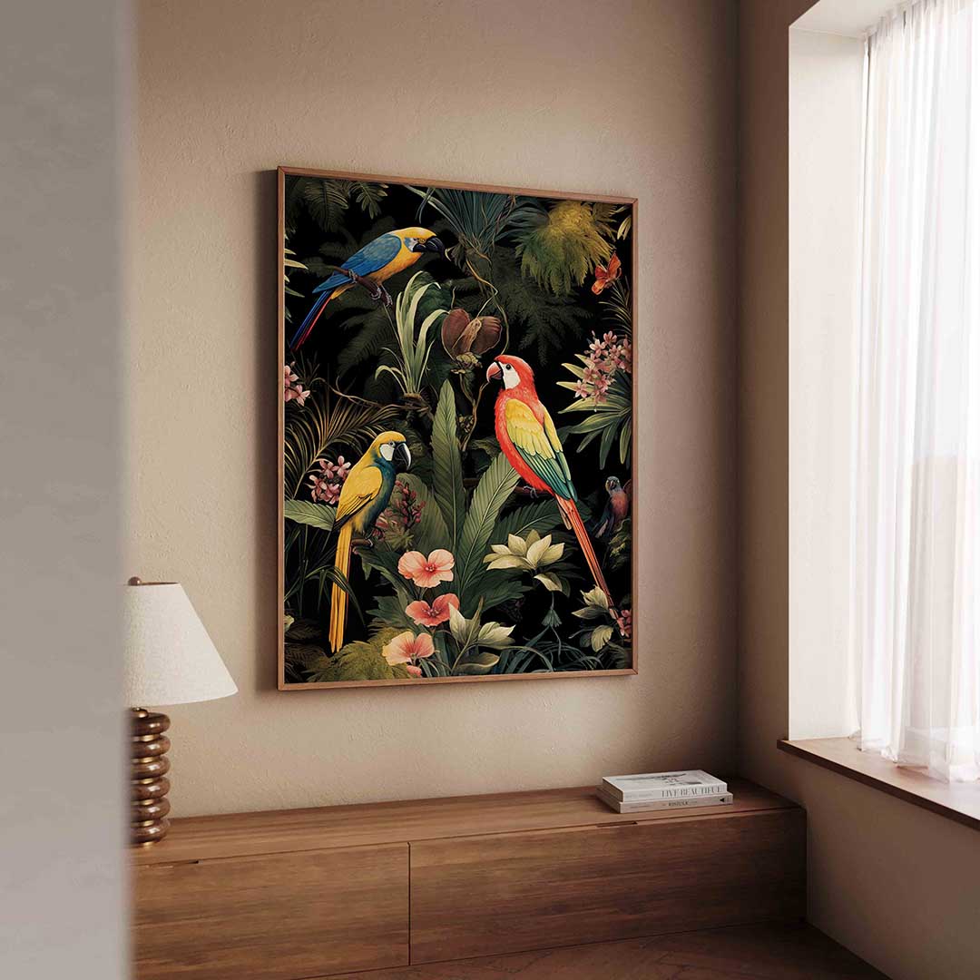 Papegaaien en planten – tropische wandkunst als portret poster
