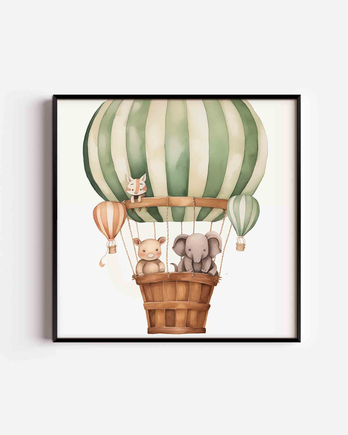 Dieren in luchtballon – vierkante kinderposter als wanddecoratie