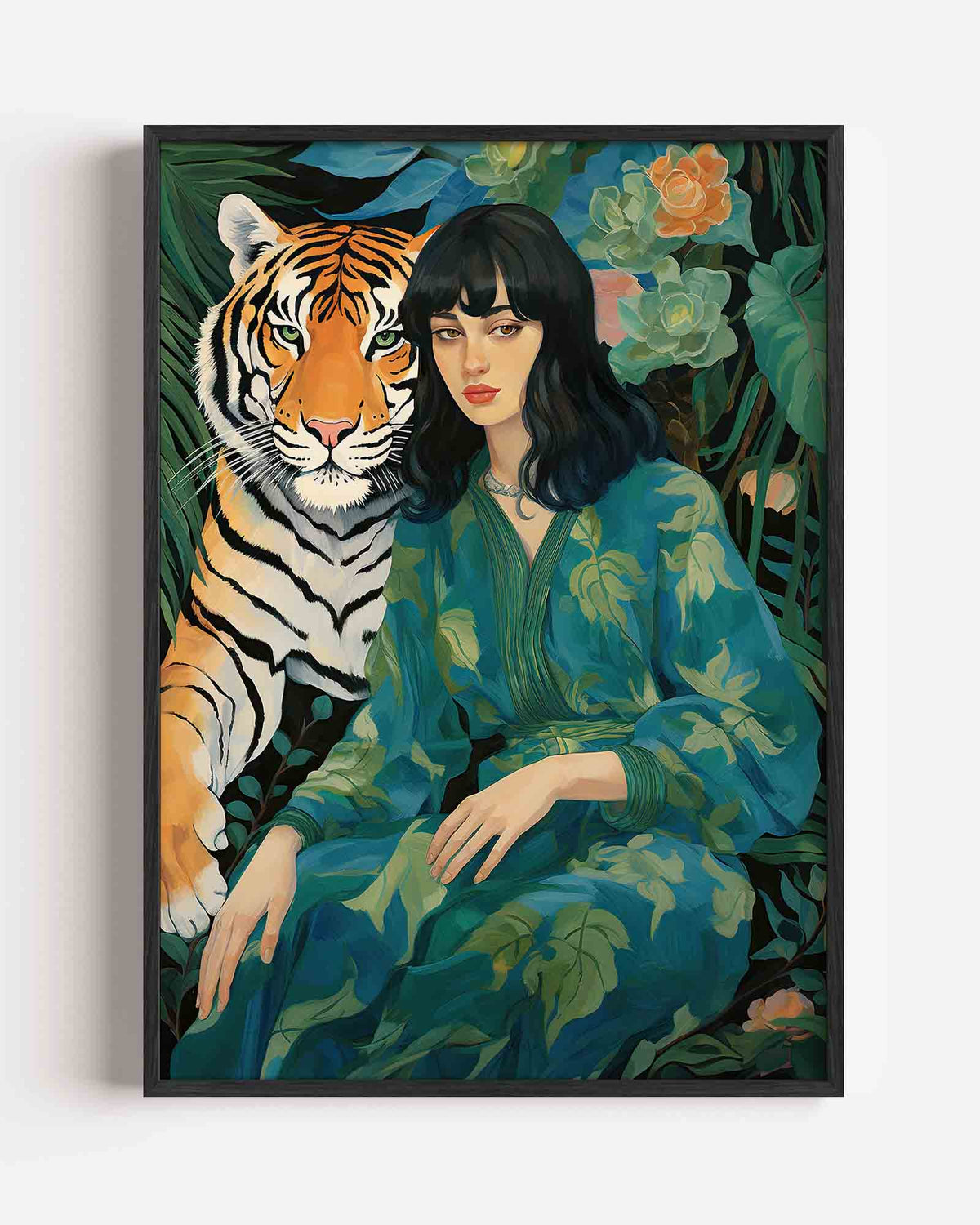 Vrouw en tijger – kleurrijke illustratie portret poster als wanddecoratie