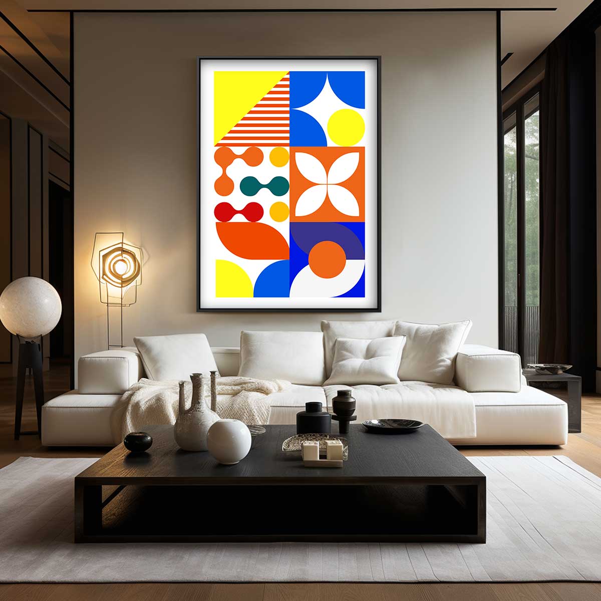Kleurrijk Geometrisch Genot – kunstwerk met zwarte baklijst