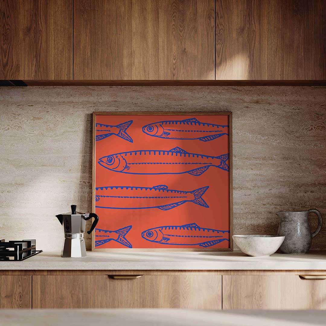 Vissen op rode achtergrond – culinaire wandkunst als vierkante poster