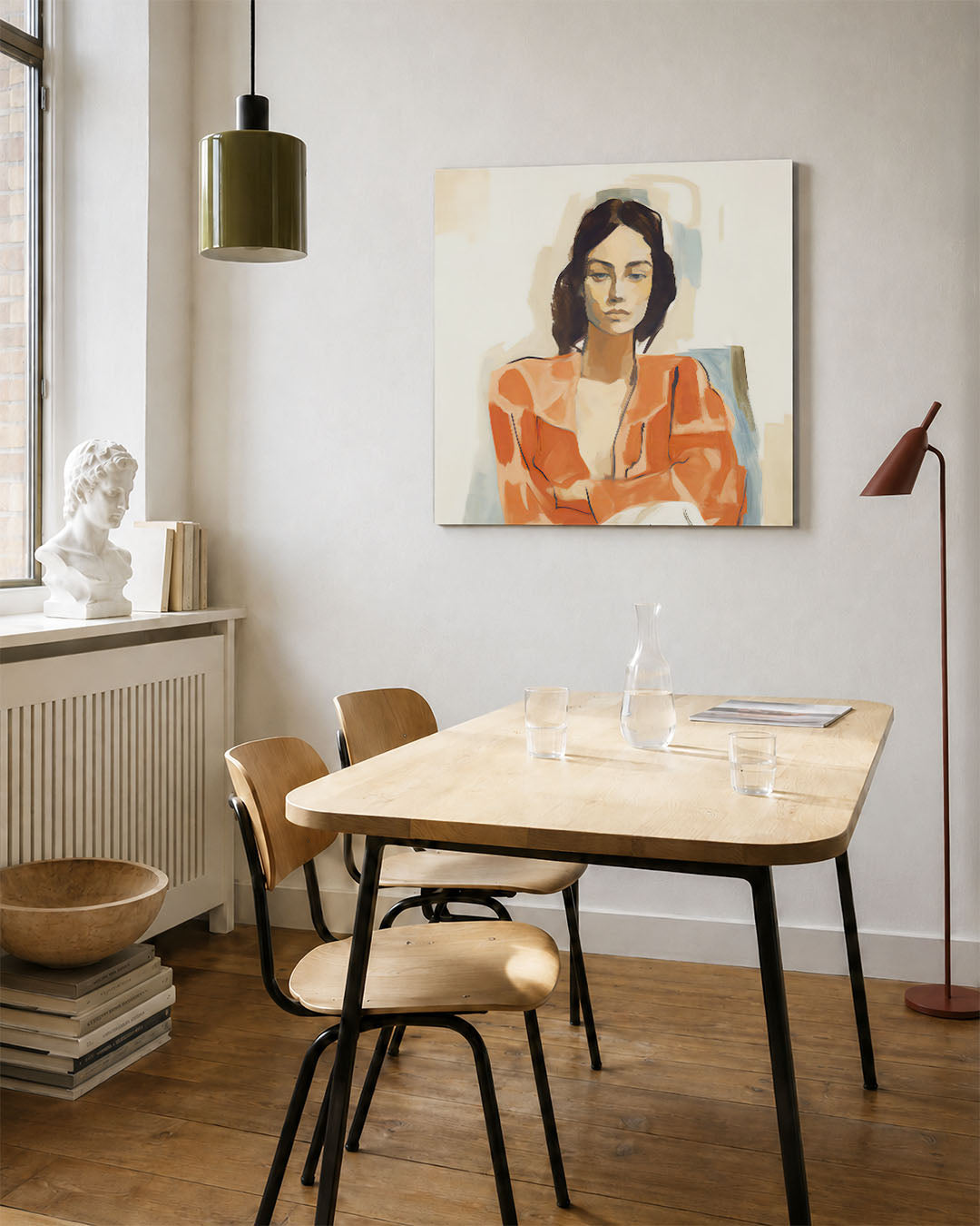Portretstudie kunstwerk – vierkante wanddecoratie – dit werk toont een vrouwelijk portret met vloeiende lijnen en zachte