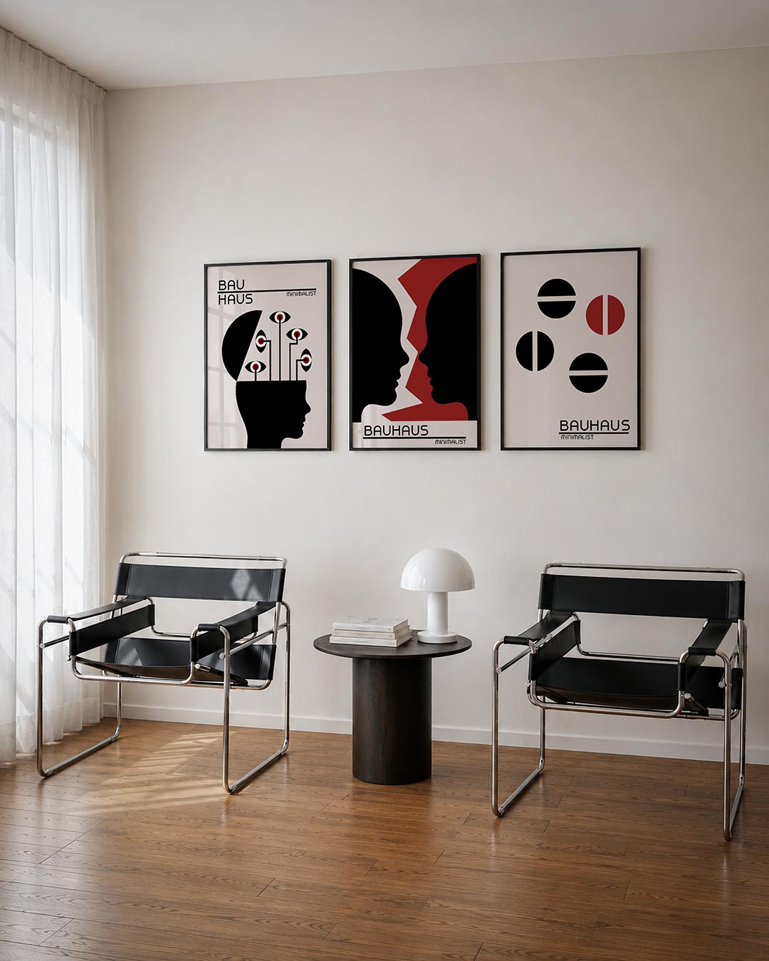 Vormen en blik driedelige posterset – een silhouet met ogen op lijnen, in zwart, wit en rood. Strakke lijnen en cirkels