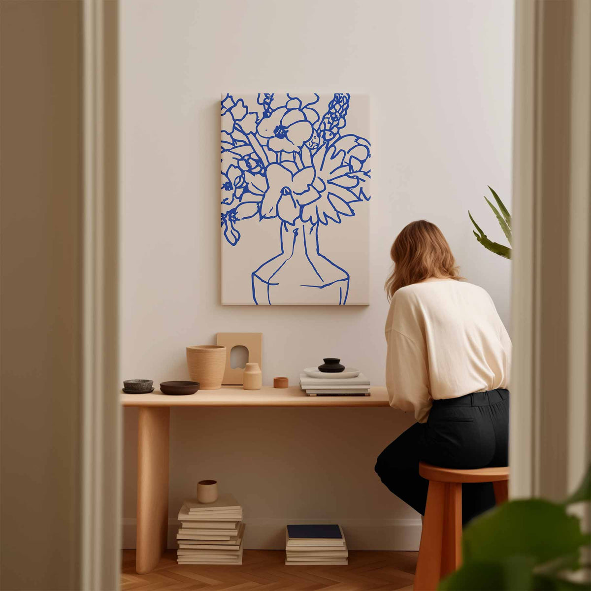 Blaauw Lijnenspel Bloemen – kunstwerk met zwarte baklijst