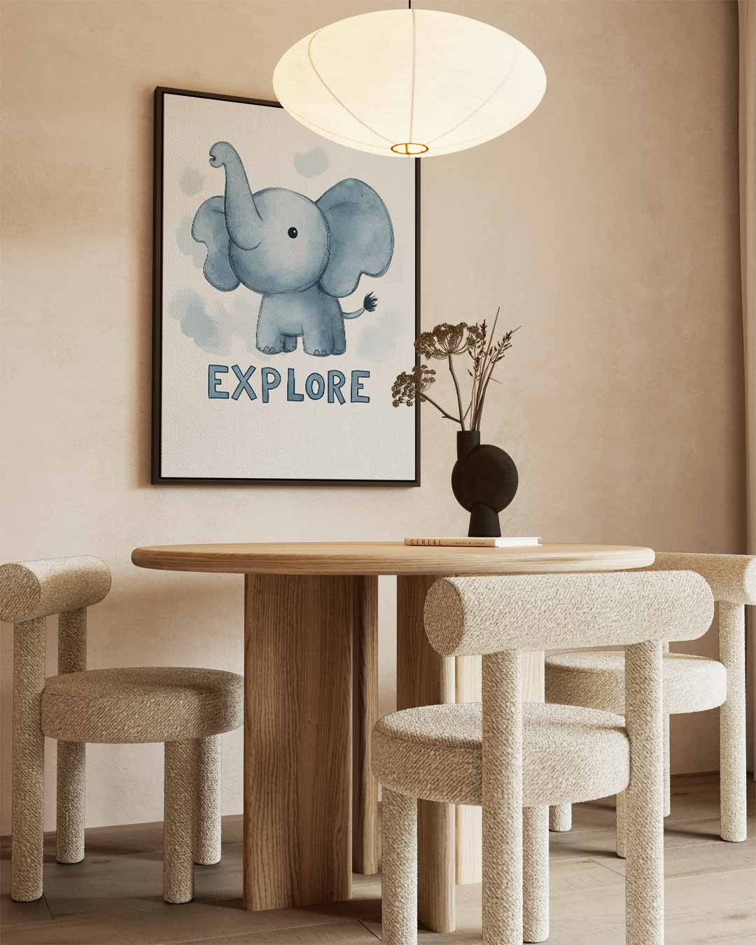 Dromerige Olifant Avontuur – kunstwerk met zwarte baklijst