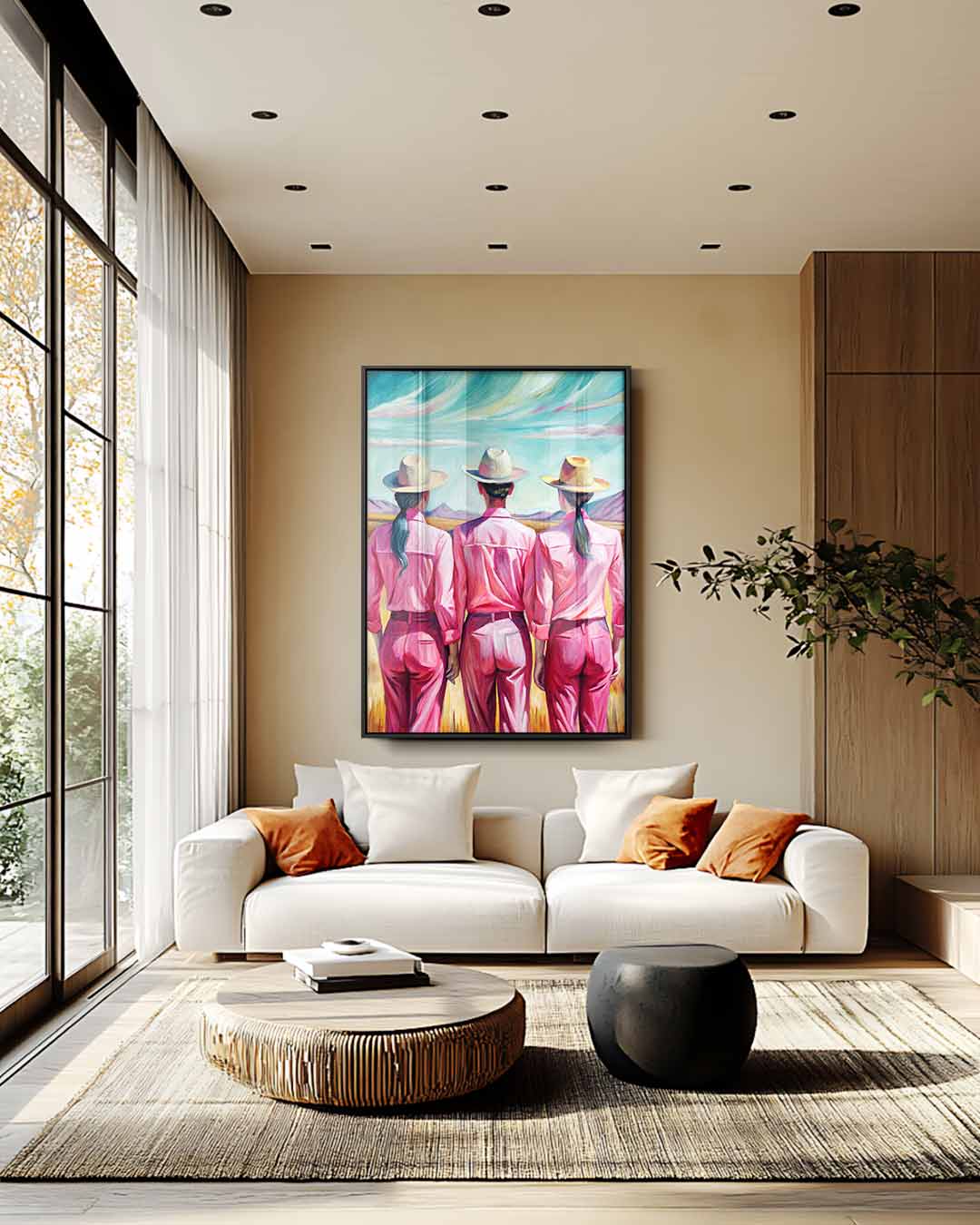 Trio in Roze Landschap – plexiglas wanddecoratie in portret formaat