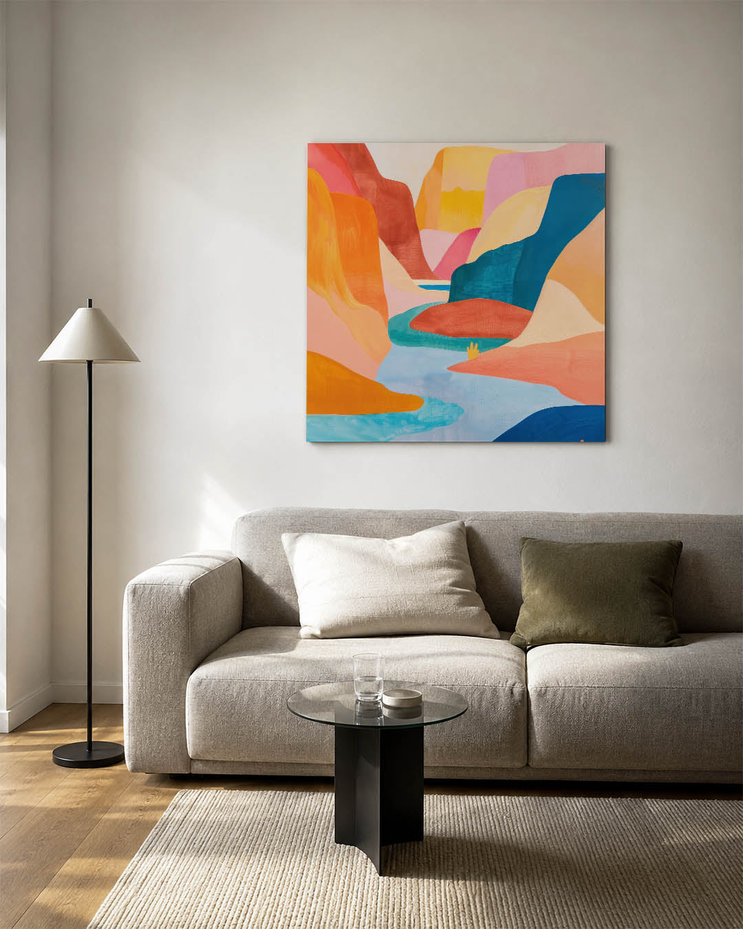 Vloeiende kleurenlandschap kunstwerk – vierkante wanddecoratie – dit werk toont een levendig landschap met vloeiende lijnen