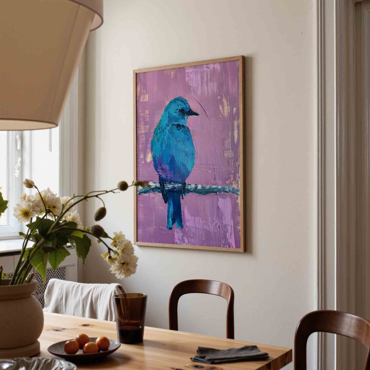 Blauwe vogel op tak – kunst en design poster in portret formaat