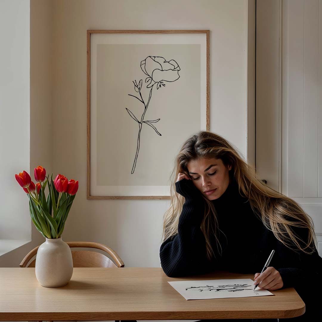 Minimalistische Bloemenlijntekening – culinaire wandkunst als portret poster