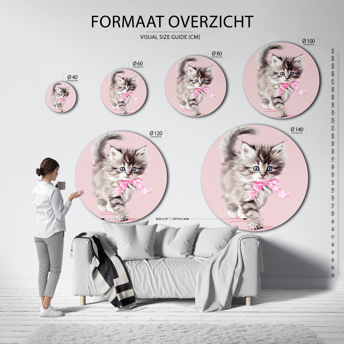 Kitten met roze strik – kleurrijke wandkunst als muurcirkel